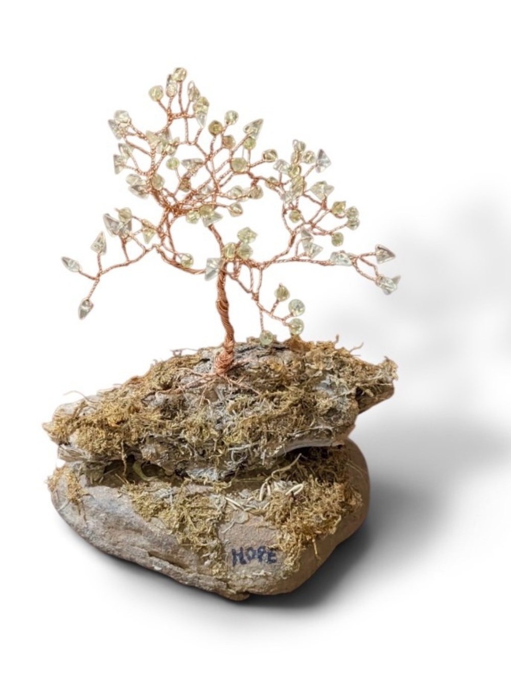 Hope Tree: Copper Wire Tree Sculpture with Light Green crystal Like Leaves